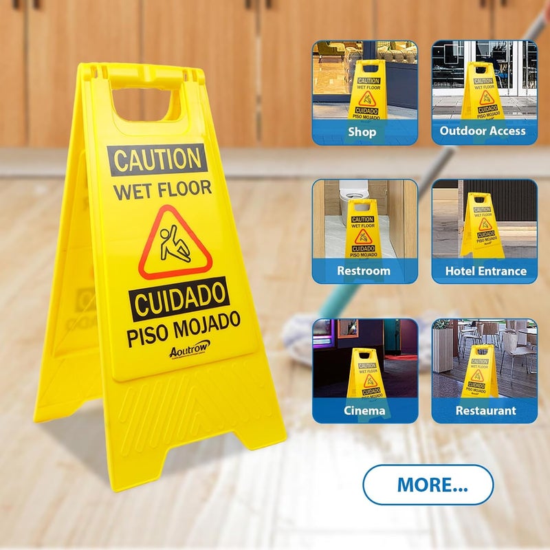 Aoutrow Caution Wet Floor Sign, （L:17.12in W:8.38in H:0.94in）2-Sided Foldable Safety Sign for Commercial Use, A Frame Caution Sign Bilingual Warning Signs, Yellow (yellow 2pack) - Image 4